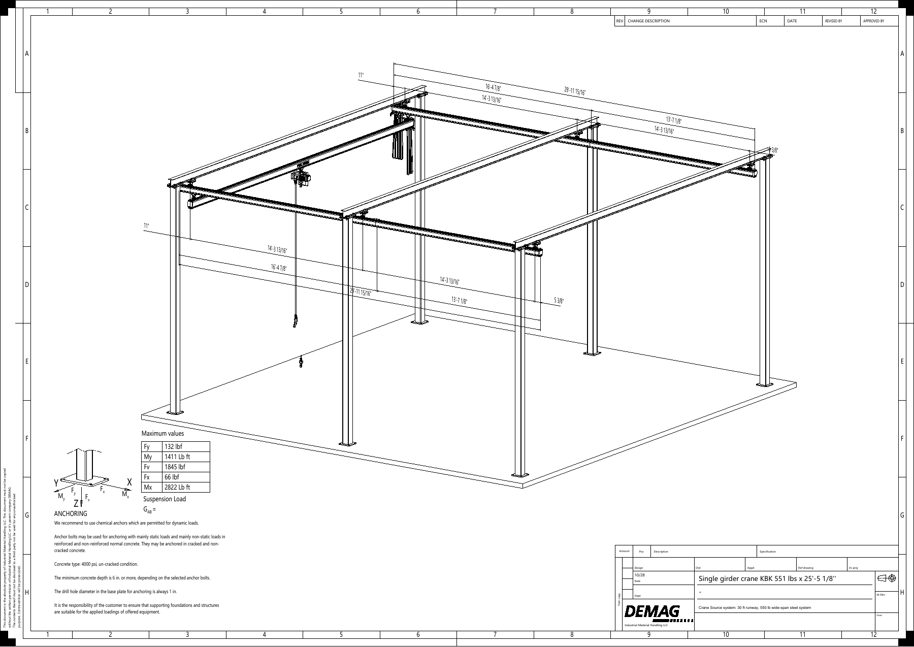 Configuration drawing for 30 ft runway, 550 lb wide-span steel system
