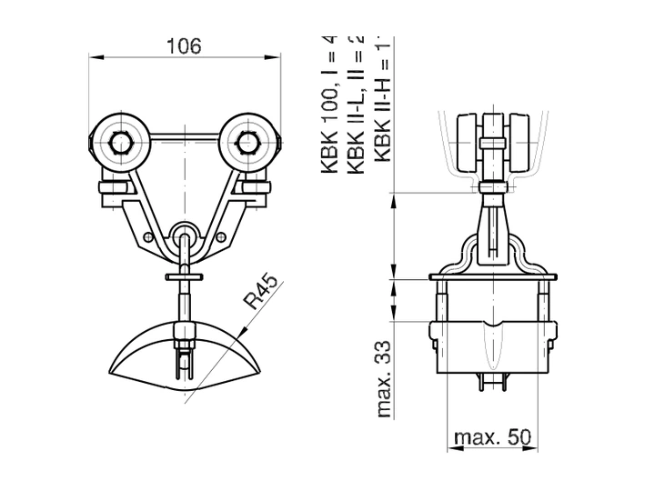 Manufacturer drawing: DEMAG KBK II/II-L/II-H and Aluline A12/A16 Cable Trolley